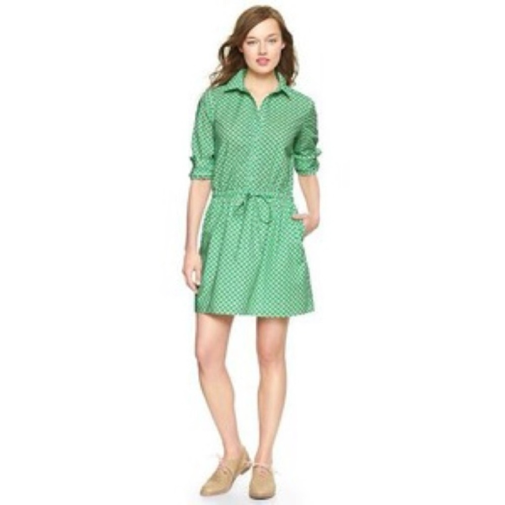 Gap Green White Cherry Mini Shirt Dress Long Sleeve Size X Small Belted Button